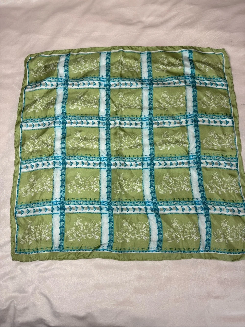 Source Unknown Green and Teal Plaid Silk Scarf